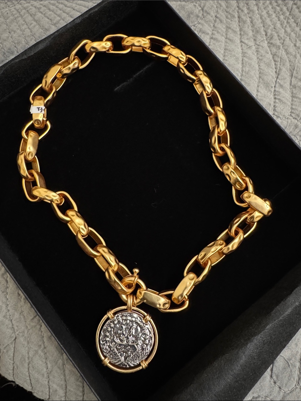 Gold-Tone Chain Necklace with Silver Medallion Pendant